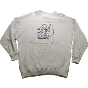 VTG ESY Vancouver BC Sailboat Embroidered Waffle Knit LS Sweater Cream L USA 90s